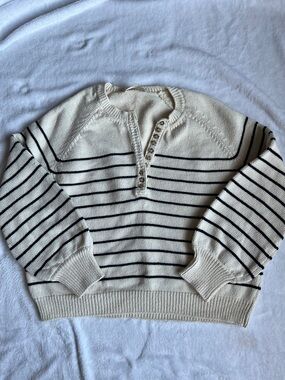 Sezane Leontine Cream and Navy Striped Henley Knit Sweater